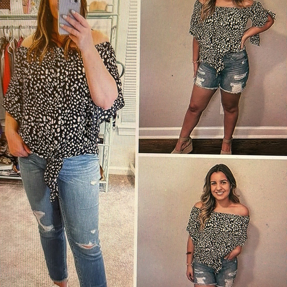 off shoulder beach cover up / blouse. NWT BLACK WHITE SPOTTED - summer breeze - Picture 6 of 7